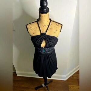 Black Keyhole Halter Dress Crocheted Turquoise Stone Empress Belt Embellishment